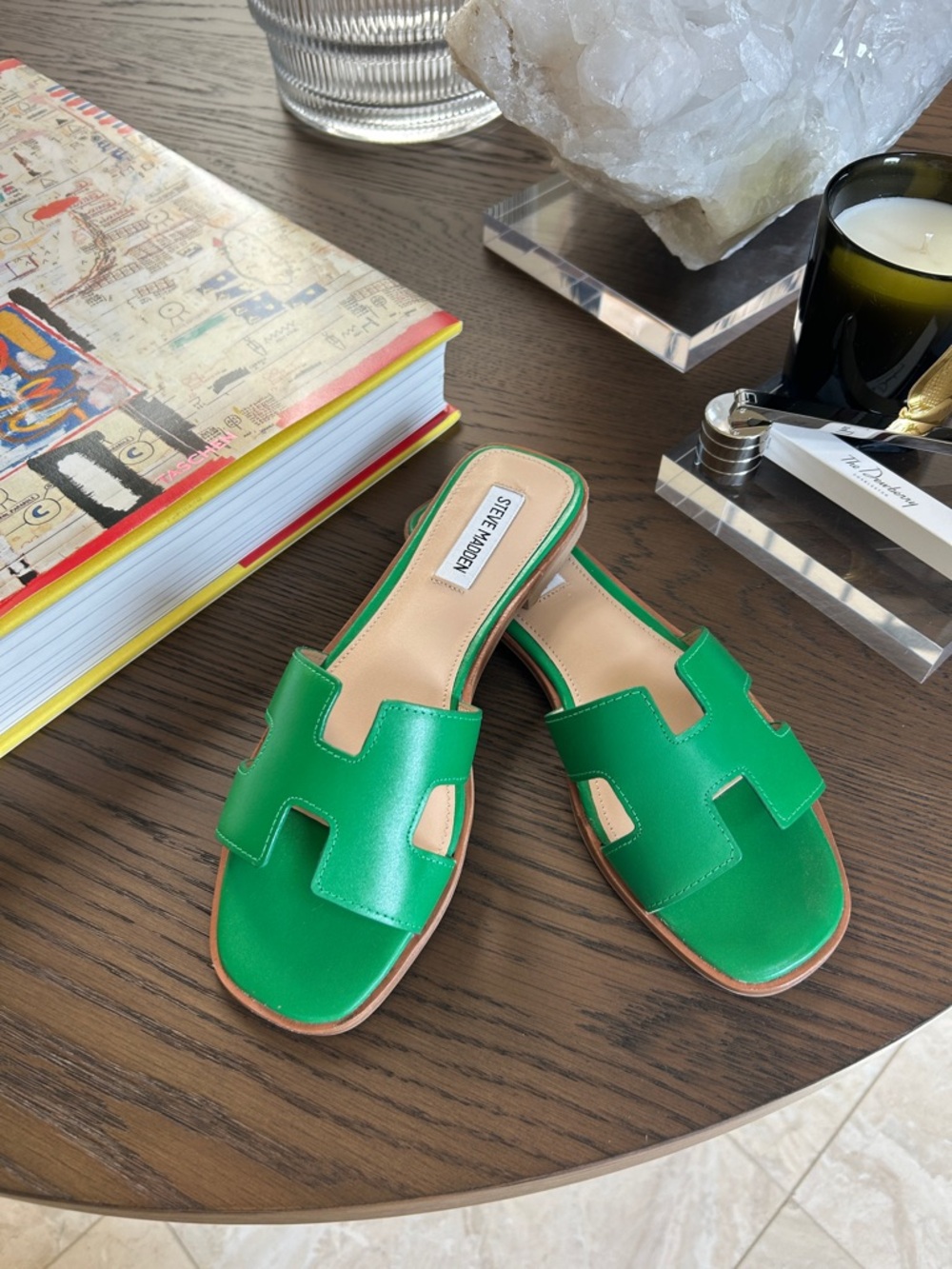 Steve Madden Bright Green Leather H‑Cut Slide Sandals. Never Worn.